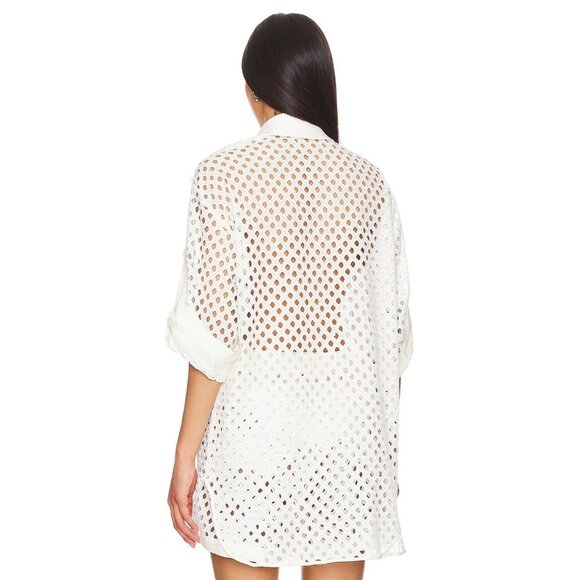 Agua Bendita Chrissy Kai Eyelet Cover Up Shirt S Ivory Sequin Embroidered - Picture 3 of 8